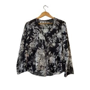 Foreign Exchange Surplice Wrap Hi Low Blouse S Black Floral‎ Sheer Long Sleeve